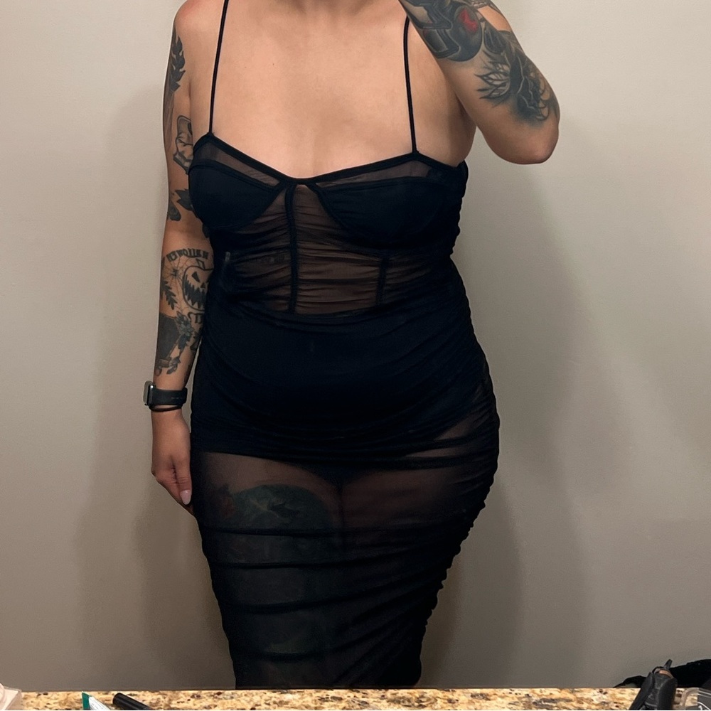 black mesh midi dress